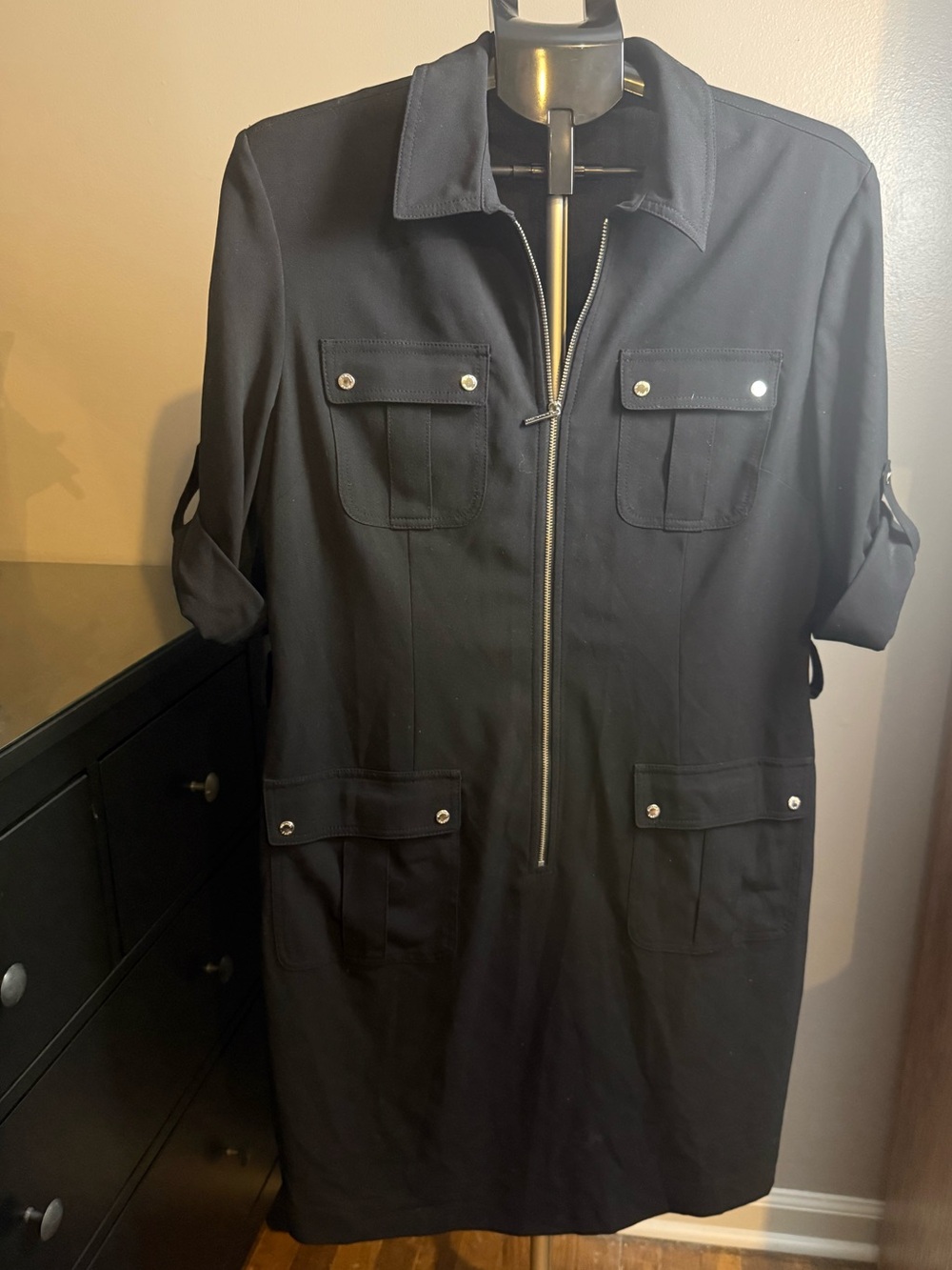 Michael Kors Black Utility Zip Front Shirt Dress XL No Belt